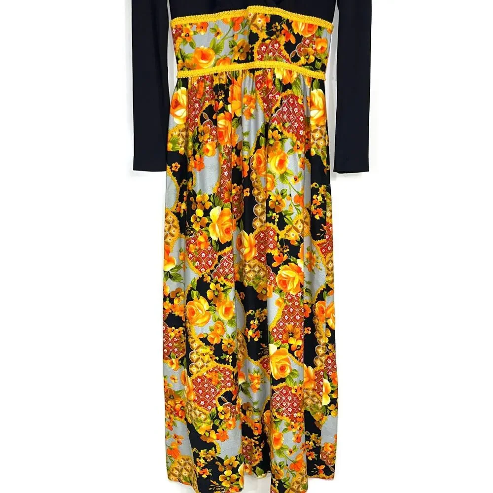 Vintage Julie Miller California 70s Long Sleeve Floral Black Orange Maxi Dress